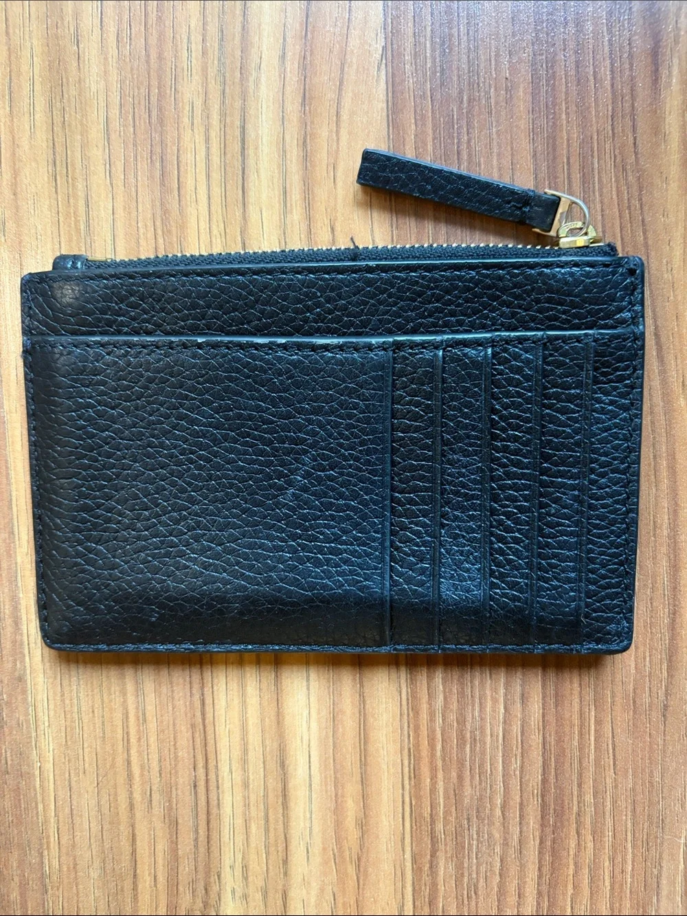 Tory Burch Black Pebbled Leather Zip Card Holder with Gold Logo Accent